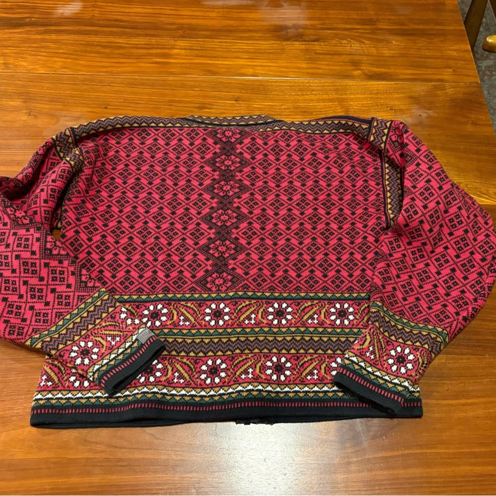 Dale of Norway Red Fair Isle Nordic Cotton Cardigan Sweater w/ zipper- M - Picture 2 of 7